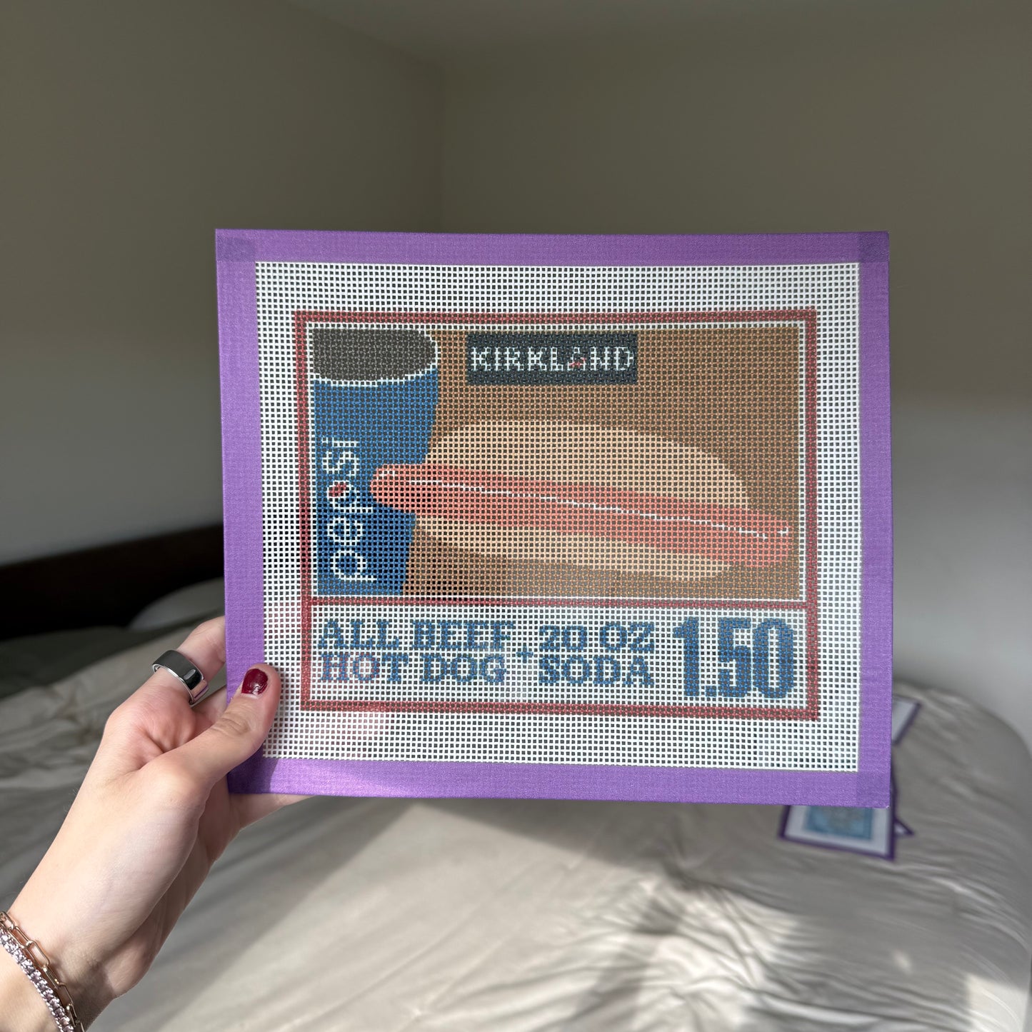 Supermarket hot dog + blue soda needlepoint canvas