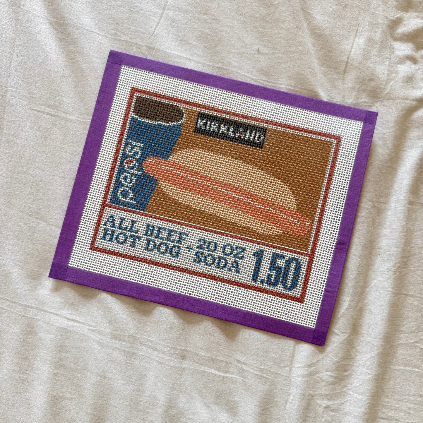 Supermarket hot dog + blue soda needlepoint canvas