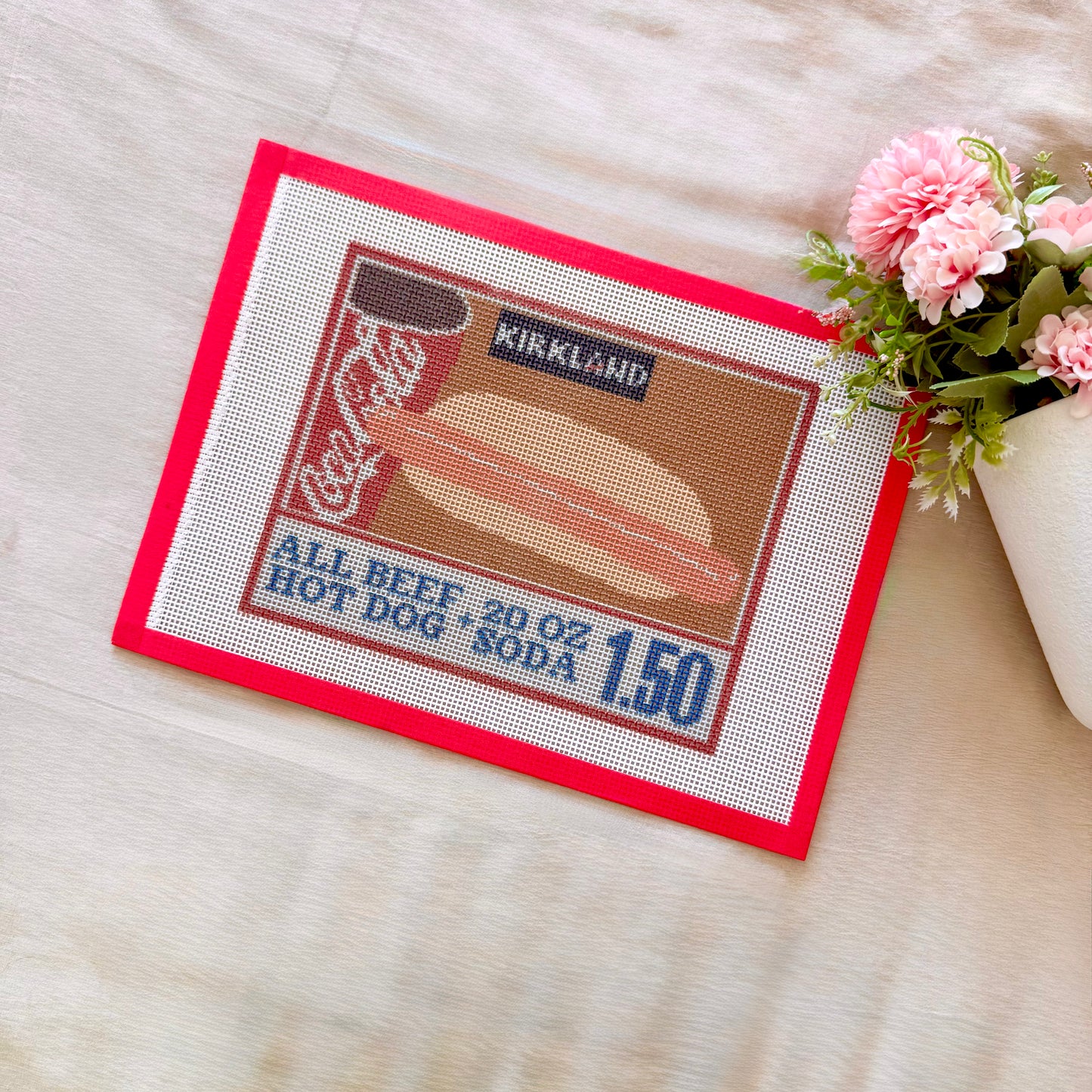 Supermarket hot dog + red soda needlepoint canvas