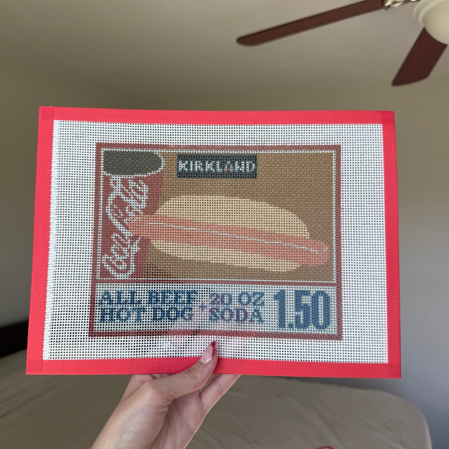Supermarket hot dog + red soda needlepoint canvas