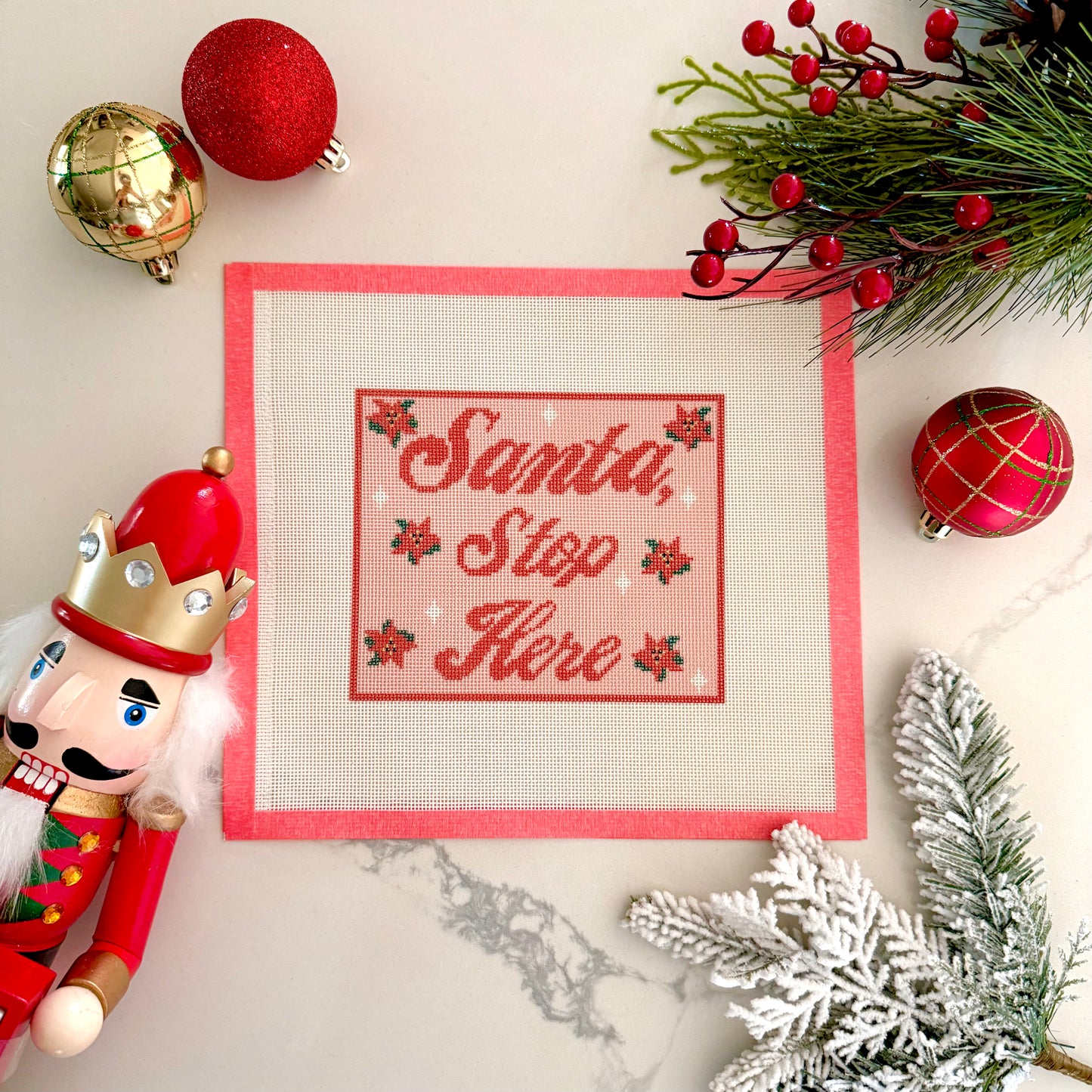 Blue or Pink Santa Stop Here Sign Needlepoint Canvas
