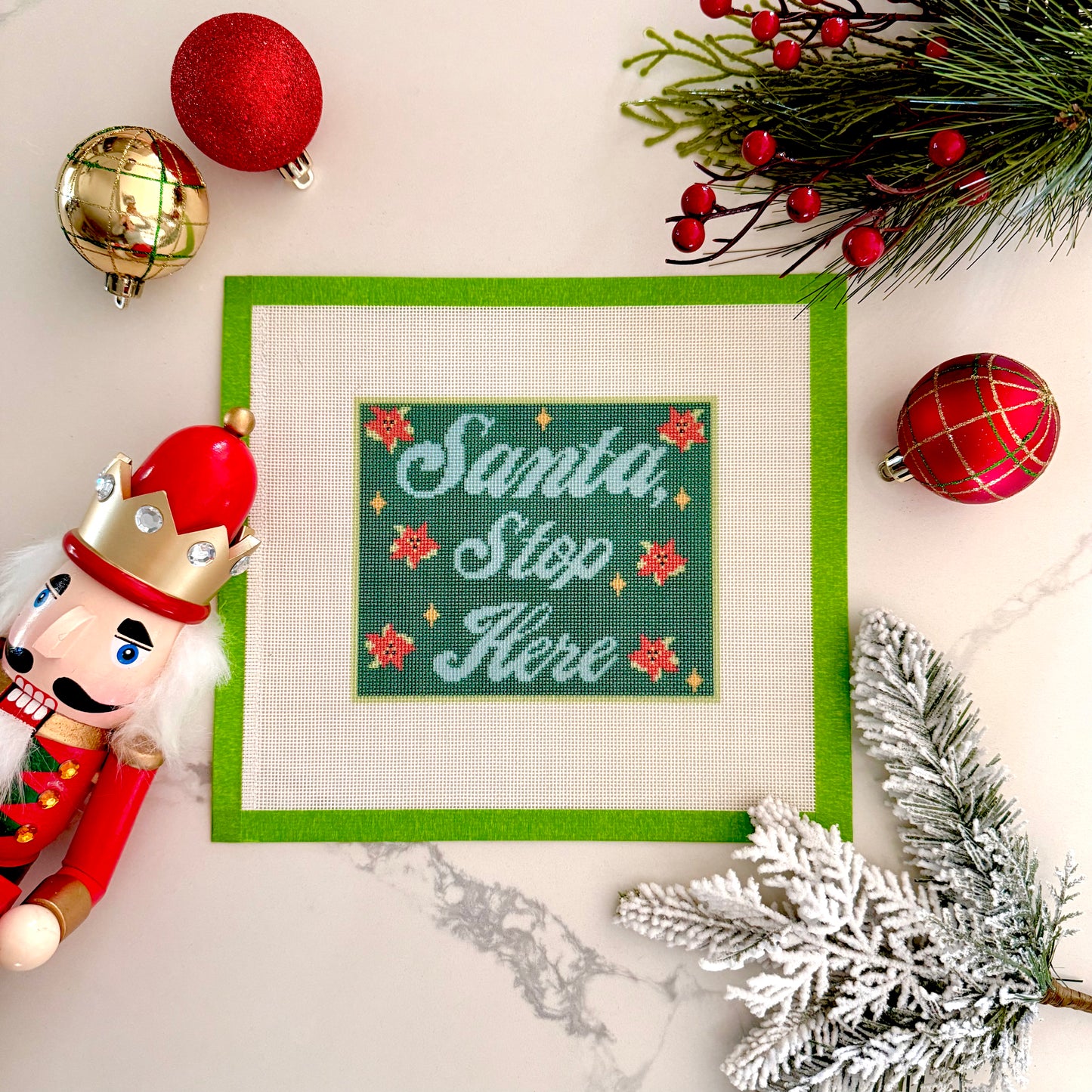 Blue or Pink Santa Stop Here Sign Needlepoint Canvas